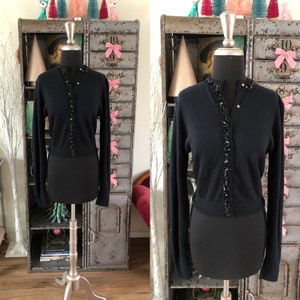 Vintage 1950&#39;s Black Cardigan Sweater with Sequins and Rhinestones Medium