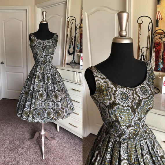 Vintage 1950's Green and Gray Batik Cocktail Dress