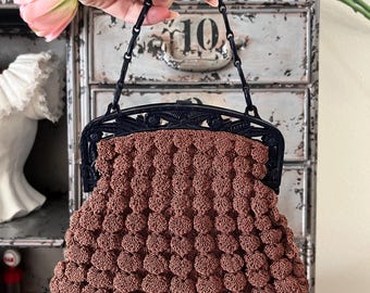 Vintage 1930's Brown Popcorn Crochet Purse with Navy Blue Celluloid Handle