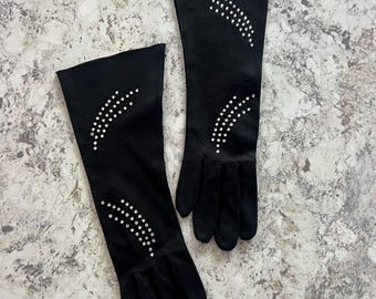 Vintage 1950's Black Cotton Gloves with Diamante Studs 6 1/2