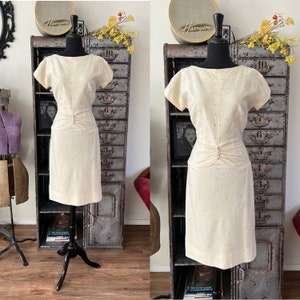 Vintage 1950&#39;s 60&#39;s Elinor Gay Off White Wool Dress with Rhinestones S/M