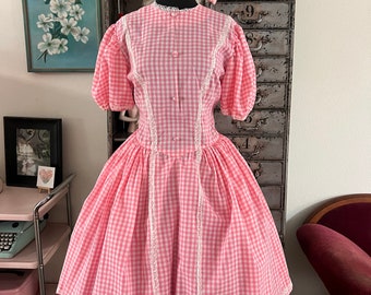 1970's Pink and White Gingham Check Dress With Puffy Sleeves