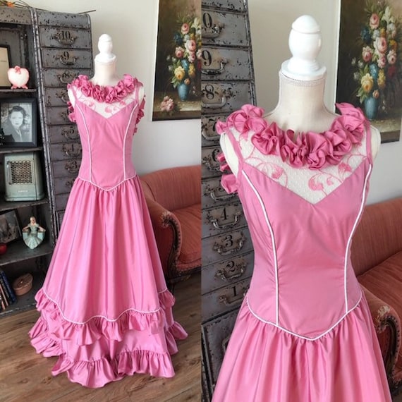 Vintage 1970's 80's Pink Ruffled Floor Length Gown