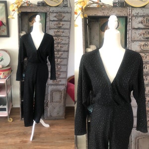 Vintage 1980&#39;s Black Glittery Jumpsuit with Plunging Neckline S/M