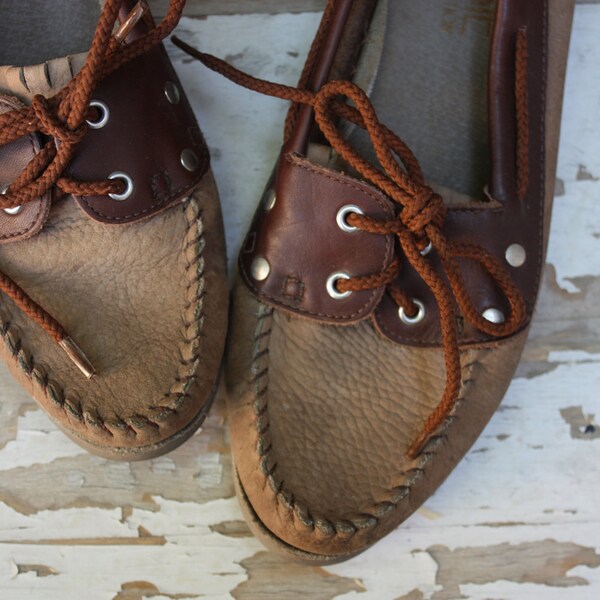 Vintage 1980's Chocolate and Toffee Leather Moccasin Loafers 8