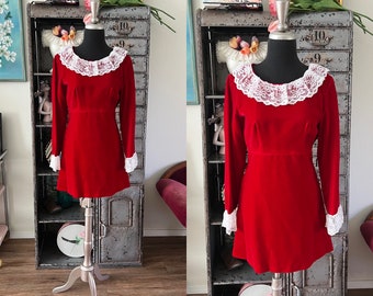 Vintage 1960's 70's Red Velvet Mini Dress White Lace Ruffled Accents Medium