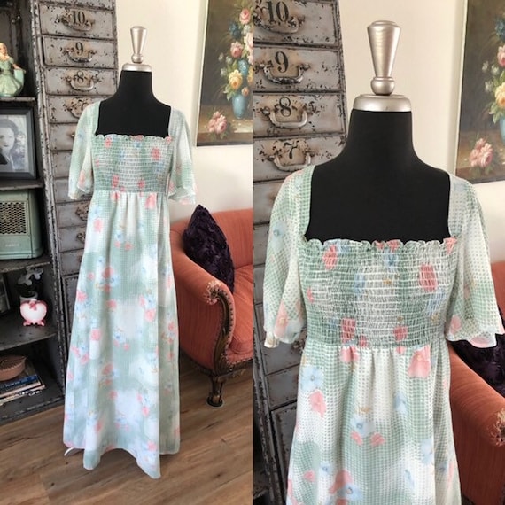 Vintage 1970's Pastel Hawaiian Dress Sheer Flutte… - image 1