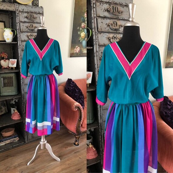 Vintage 1980's Multicolor Sheer Dress M/L - image 1