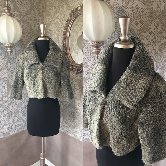 Vintage 1940's 50's Grey Curly Lamb Cropped Jacket