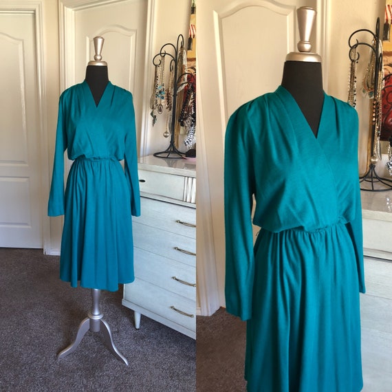 Vintage 1980's Green Jewel Tone Wool Dress Medium - image 1