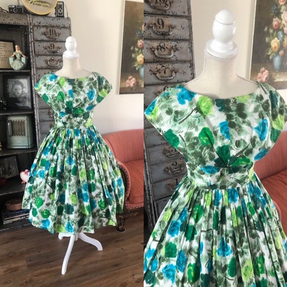 Vintage 1950's Blue and Green Rose Print Dress XS