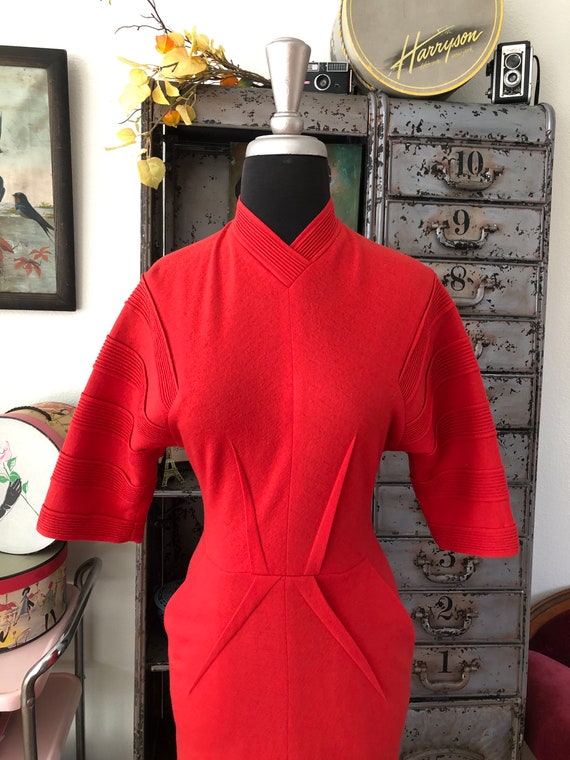 Vintage 1950's Marion McCoy Red Fitted Wool Dress… - image 3