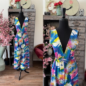 1960&#39;s 70&#39;s Blue and White Floral Print Palazzo Wide Leg Jumpsuit Small