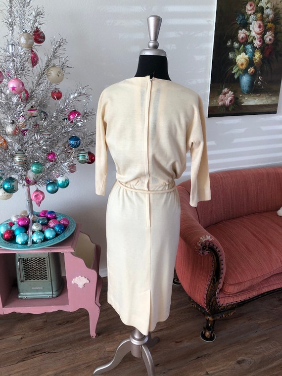 Vintage 1950's 60's Cream Wool Fitted Dress Small - image 6