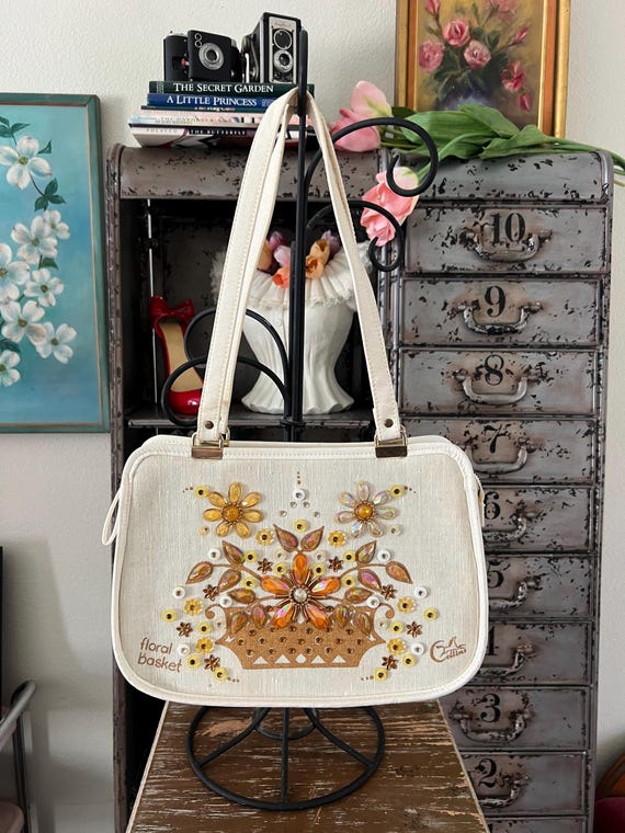 Vintage 1960 s Enid Collins Floral Basket Canvas and Leather Purse Etsy