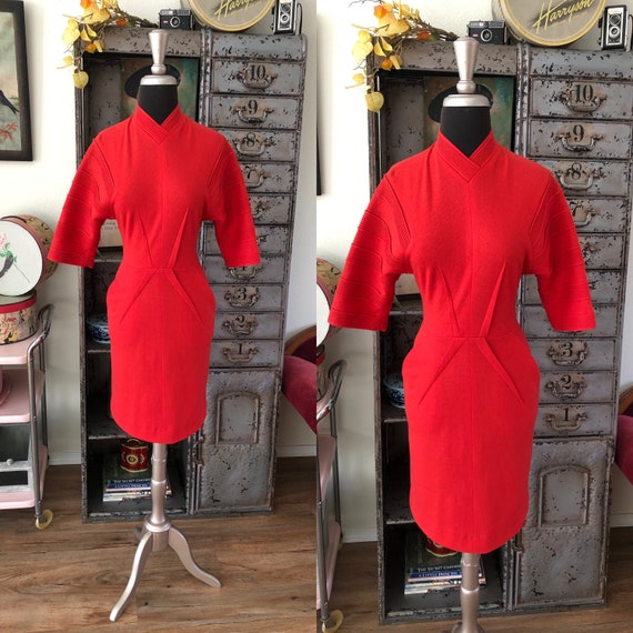 Vintage 1950's Marion McCoy Red Fitted Wool Dress… - image 1