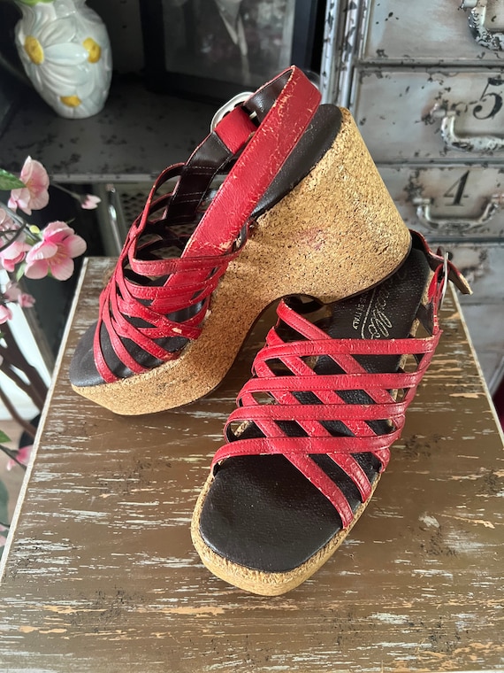 Vintage 1970's Rapallo Cork and Red Leather Platf… - image 1