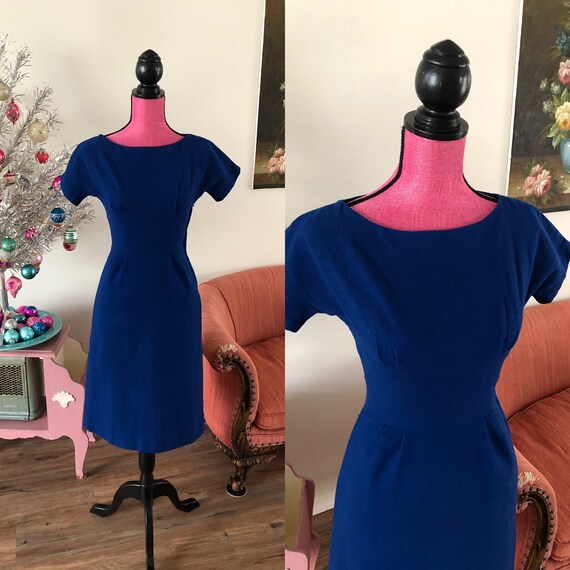 Vintage 1950's 60's Royal Blue Wool Fitted Dress S