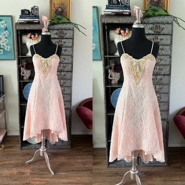 Vintage 1980's Pale Pink Lace High Low Dress XS/S