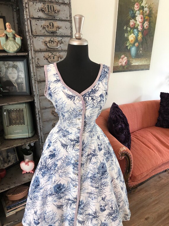 Vintage 1980's Gray and Blue Floral Print Dress M… - image 5