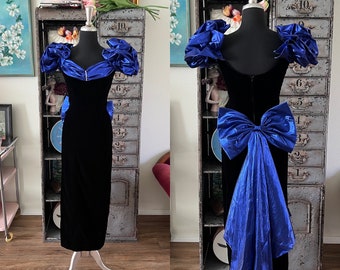 Vintage 1980's 90's Black and Metallic Blue Fitted Formal Dress Small