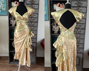 Vintage 1980's Gold Lame' Cocktail Dress with Open Back M/L