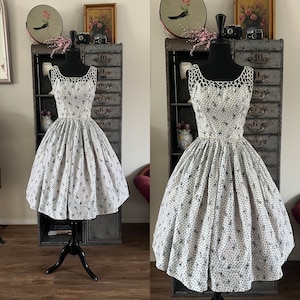 Vintage 1950&#39;s White Floral and Polka Dot Dress XS