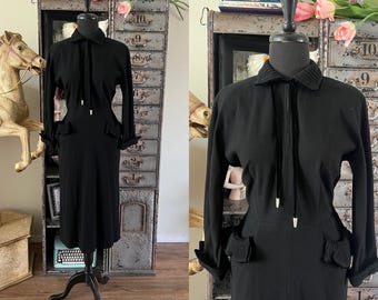 Vintage 1940's 50's Black Wool Fitted Dress M/L