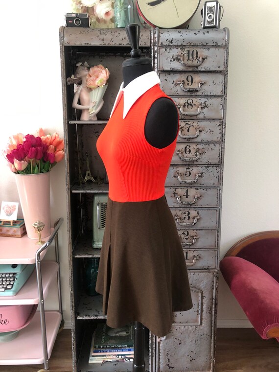 1960's 70's Orange and Brown Mini Dress and XS - image 3