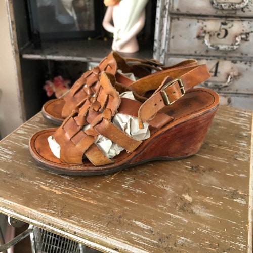 Women's Vintage 1970's Brown Leather and Wood Wedge - Etsy Australia
