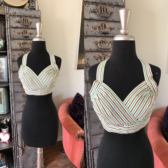 Vintage 1950's Brown and Green Cropped Halter Top