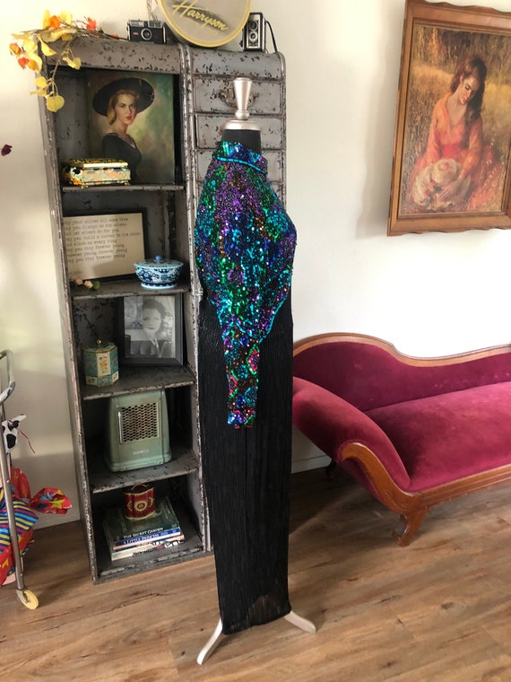 Oleg Cassini Black Tie Sequin and Beaded Gown Large