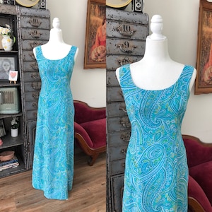 Vintage 1970's Blue Paisley Print Maxi Dress Medium