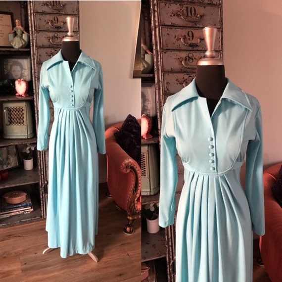 Vintage 1970's Light Blue Maxi Dress with Tie Back