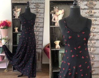 1970's Black Floor Length Dress with Flocked Red Roses Small