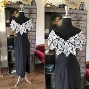 Vintage jaren 1990 Jessica McClintock Gunne Sax zwarte off-shoulder jurk medium