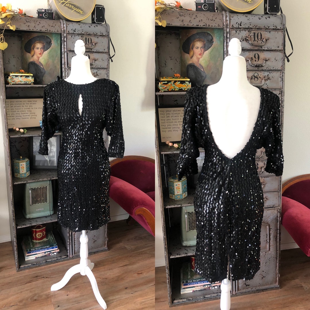 Vintage 1980's Black Body Con Sequin Dress With Low Scoop