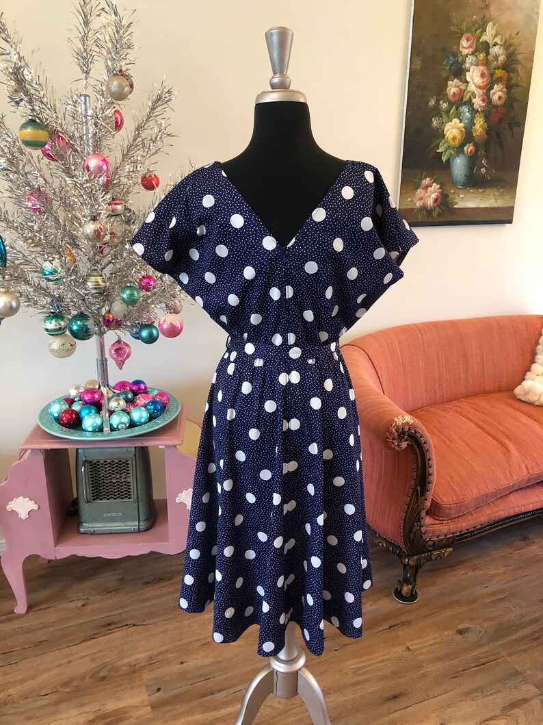 Vintage 1980's Blue and White Polka Dot Dress L/XL - Etsy