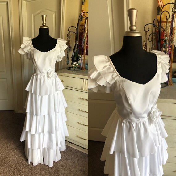 Vintage 1970's 80's White Gown with Ruffled Tiered