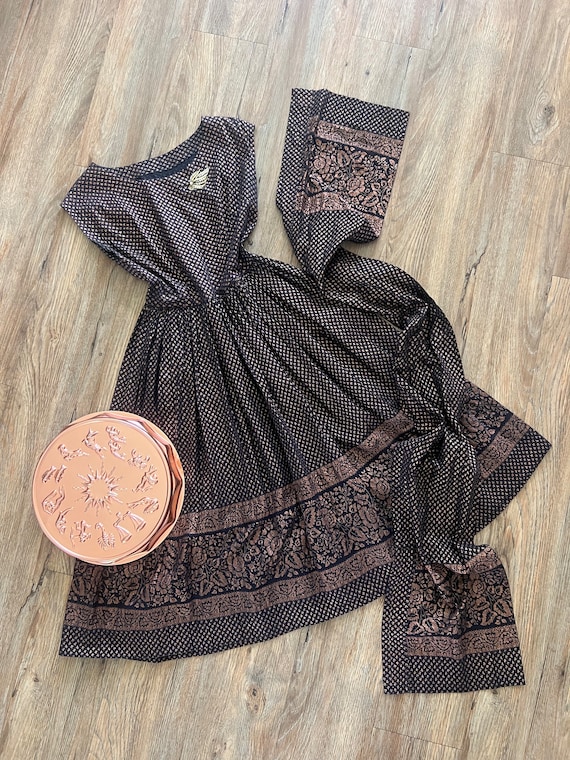 Vintage 1950's Black and Copper Cotton Dress with… - image 9