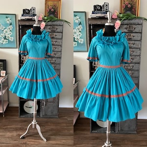 blue square dance dress Vintage Square Dance Full Skirt & Top Blue Cotton Women's-S