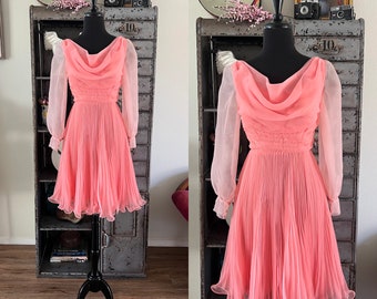 Vintage 1970's Coral Pink Dancing Dress with Pleated Skirt XS