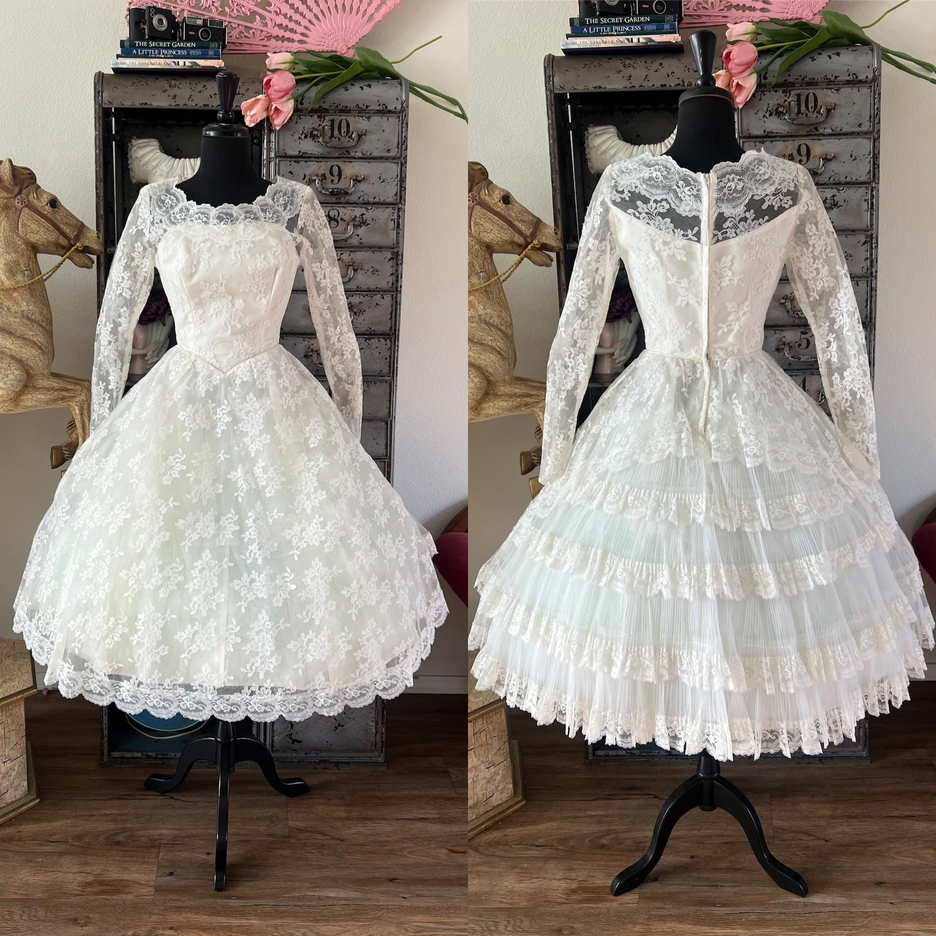 Vintage 1960's Tea Length Tulle and White Lace Wedding Dress S/XS