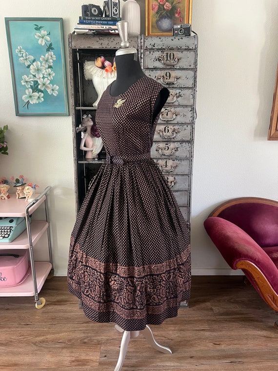 Vintage 1950's Black and Copper Cotton Dress with… - image 3
