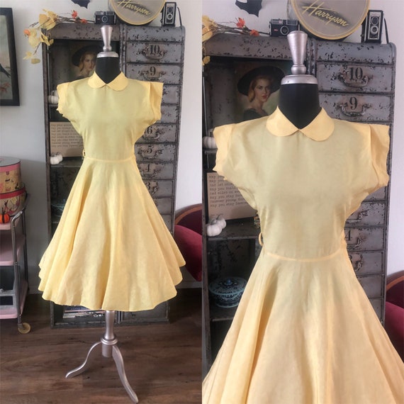 Vintage 1950's Yellow Taffeta Dress With Peter Pan Collar - Etsy South Korea