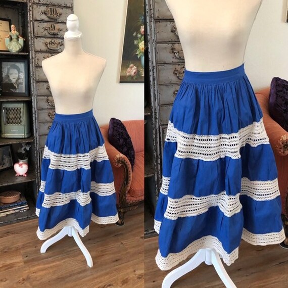 Vintage 1950's Blue and White Cotton Skirt With Lace | Etsy