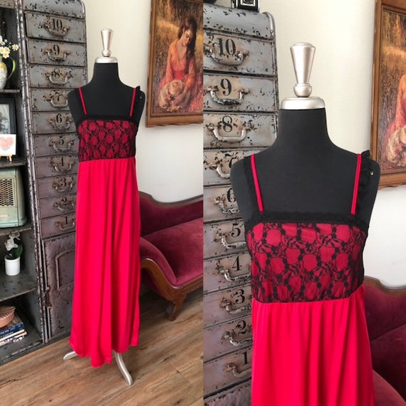 Vintage 1970's Dark Red Nightgown with Black Lace… - image 1