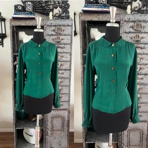Vintage 1940&#39;s 50&#39;s Dark Green Button Front Blouse M/L