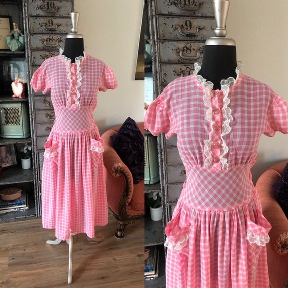 Vintage 1930's 40's Pink and White Gingham Cotton