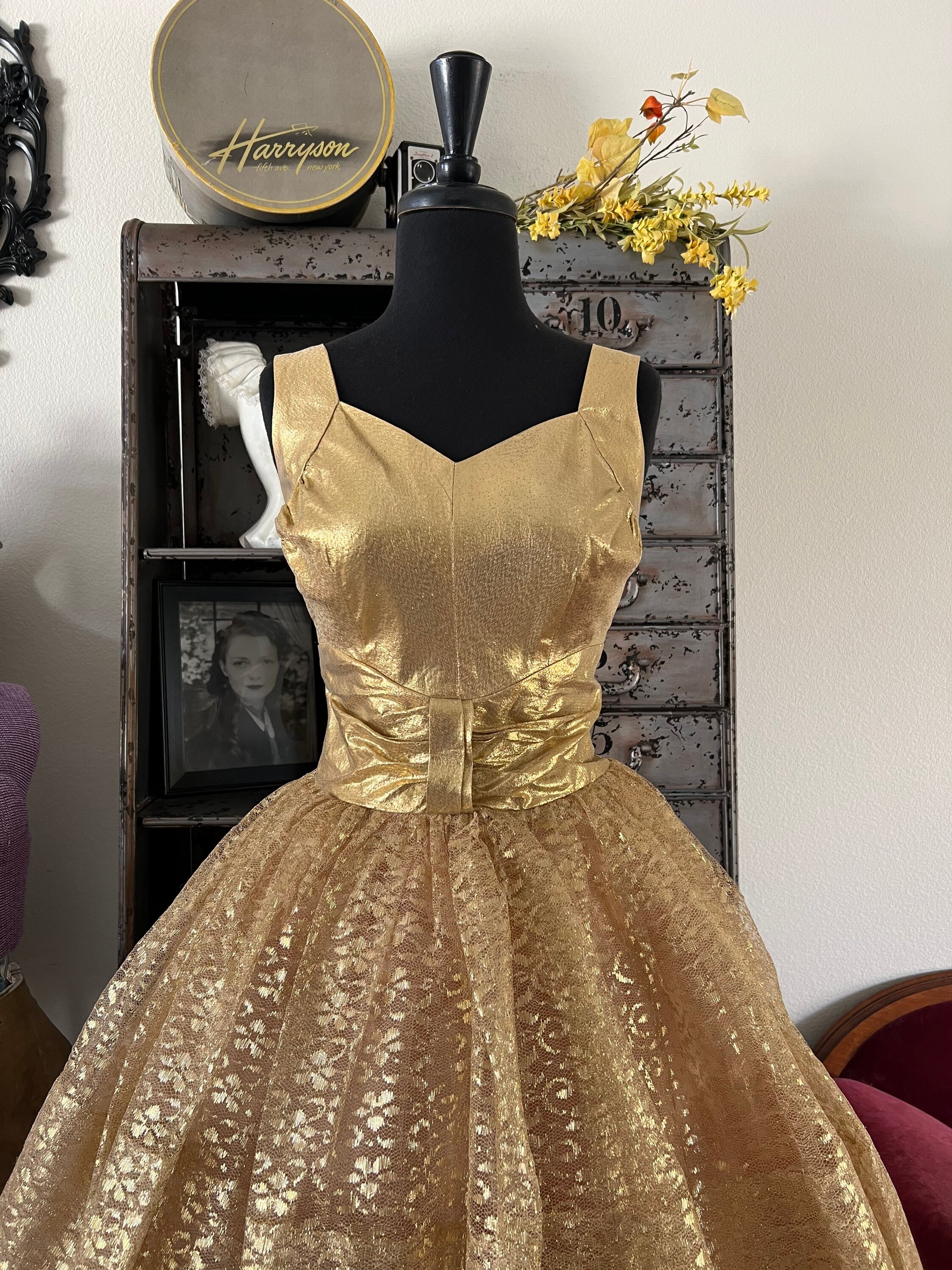 1950 s Metallic Gold Cocktail Dress With Lace and Tulle Small Etsy